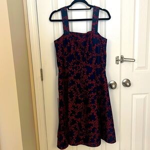Draper James wide strap a-line dress in navy blue with red floral print